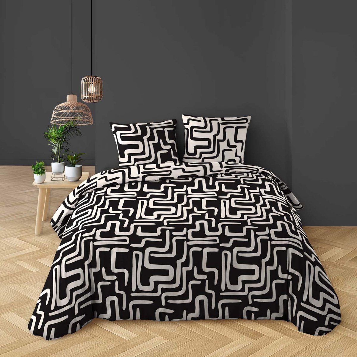 Parure de lit 3 pièces 100% coton à motifs géométriques housse + taies noir, DOUCEUR D'INTÉRIEUR
