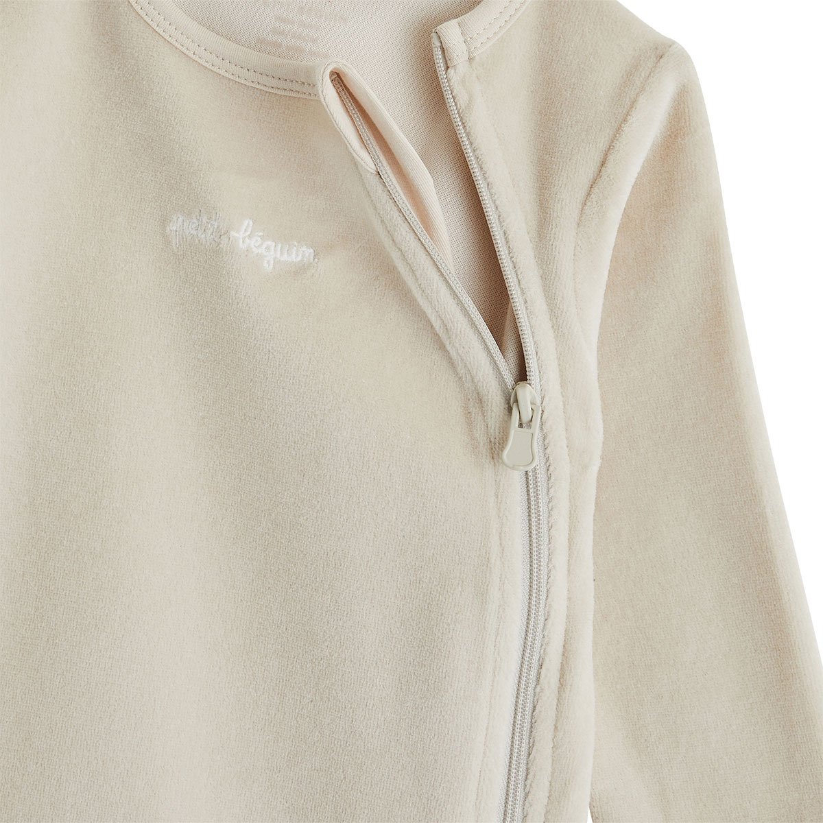 Lot de 2 pyjamas bébé en velours ouverture zippée ecru, PETIT BEGUIN