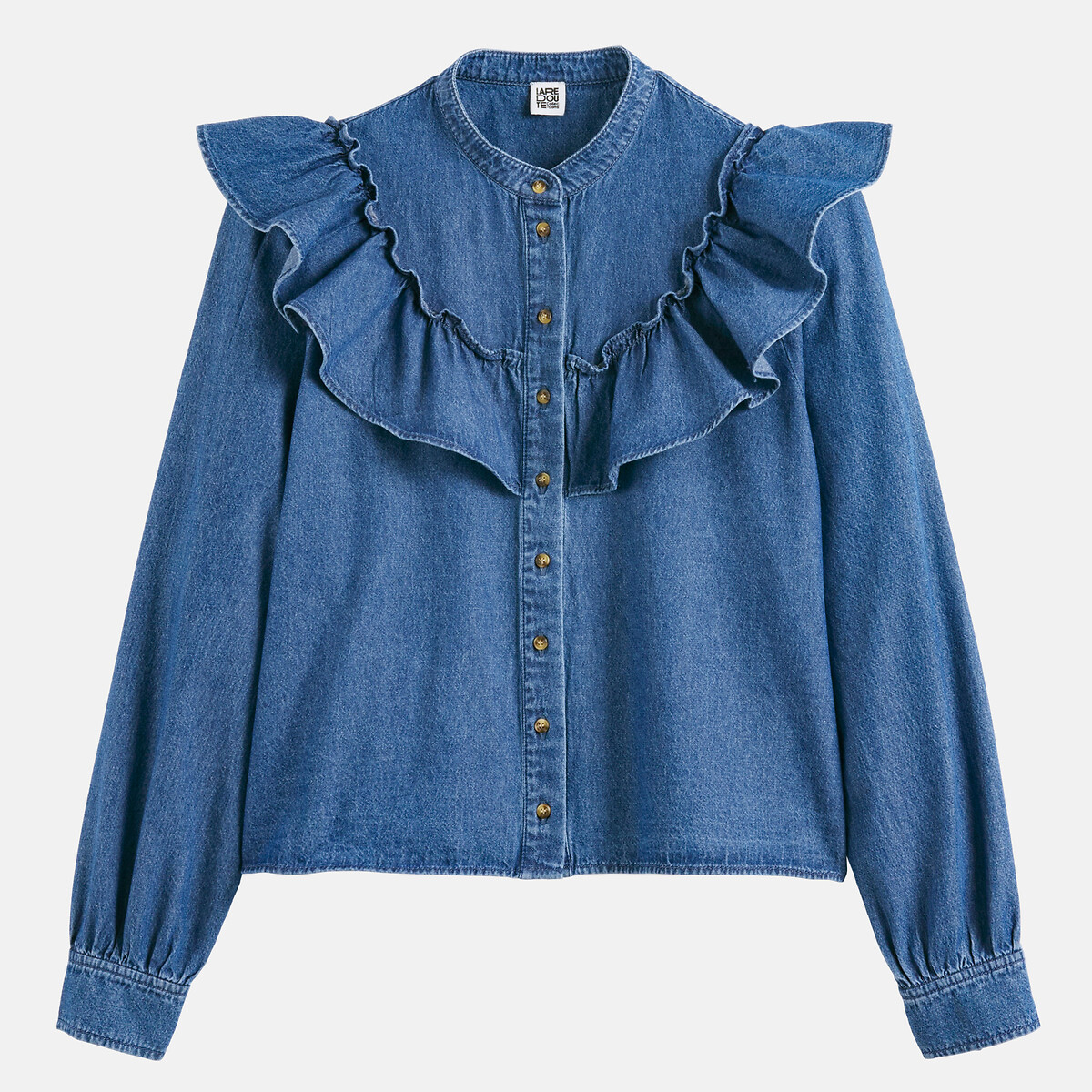 Ruffled Crew Neck Denim Shirt stonewashed blue, LA REDOUTE COLLECTIONS