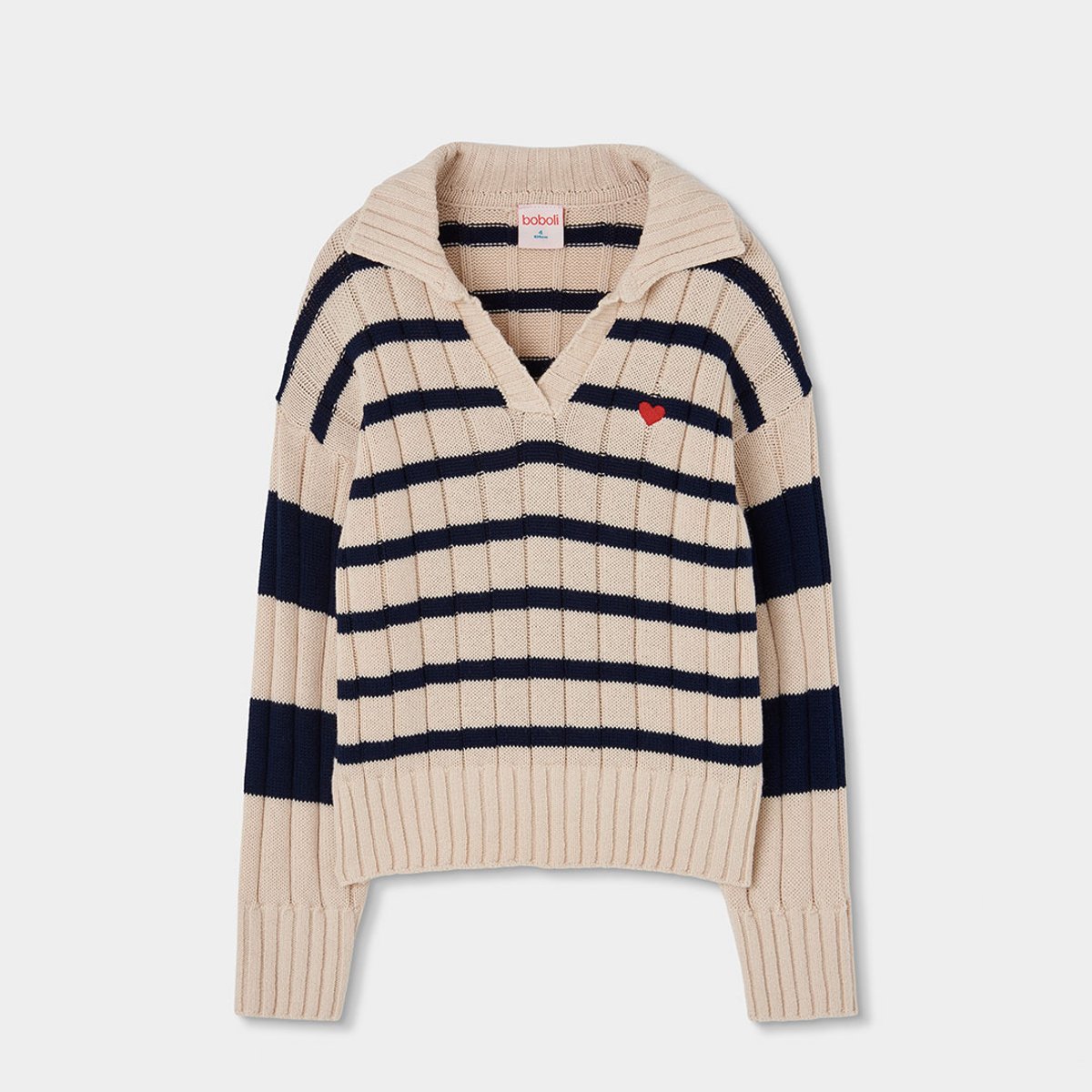 Pull fille rayé avec coeur brodé blanc, BOBOLI