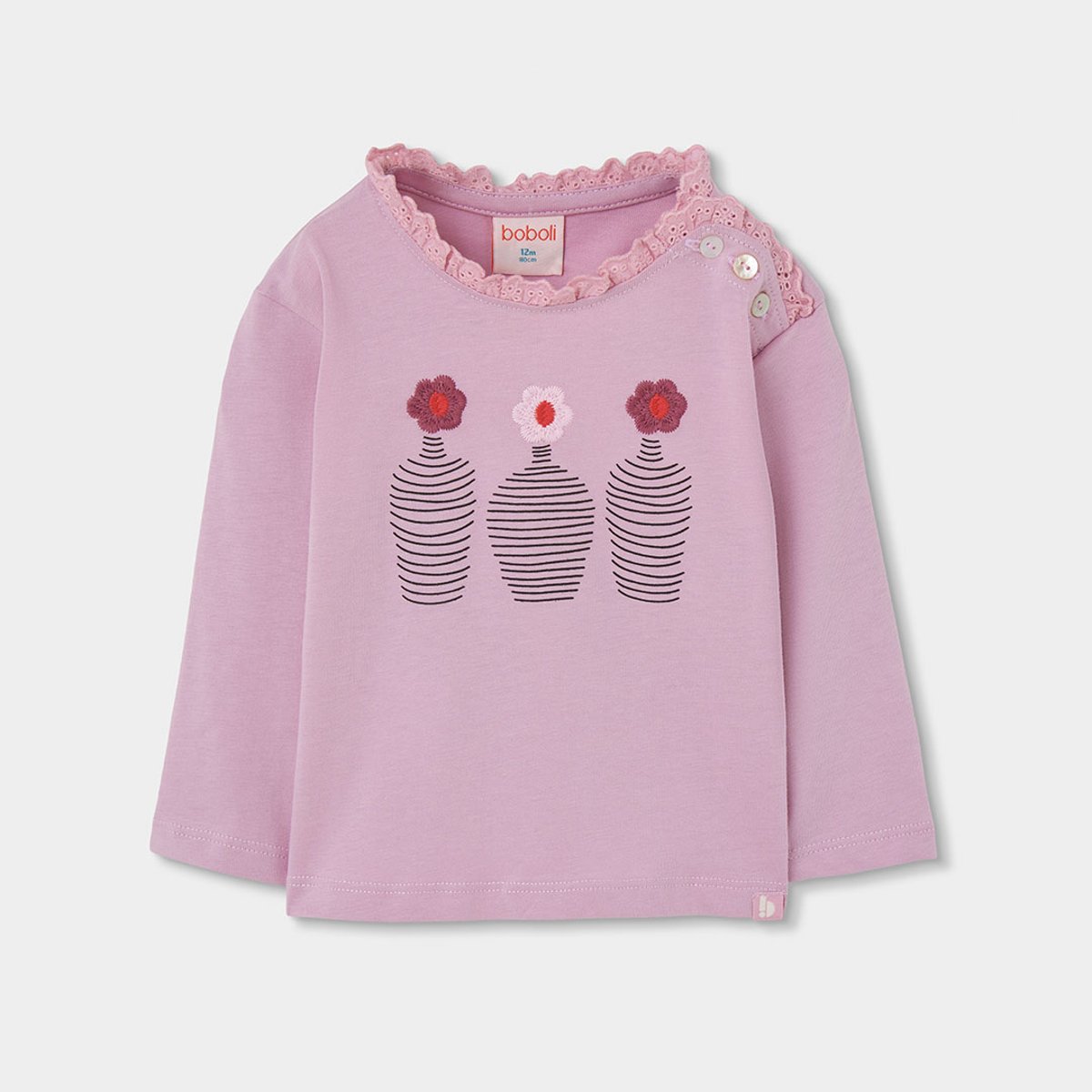 T-shirt fille maille broderie vases fleurs rose, BOBOLI