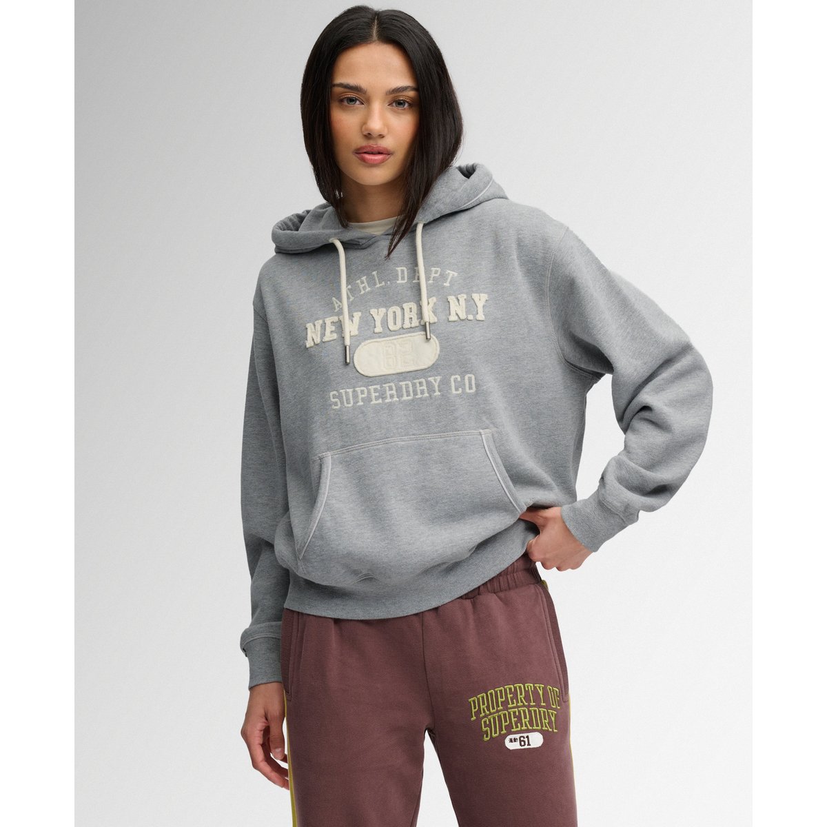 Sweat à capuche court Athletic Essential Applique gris chiné, SUPERDRY