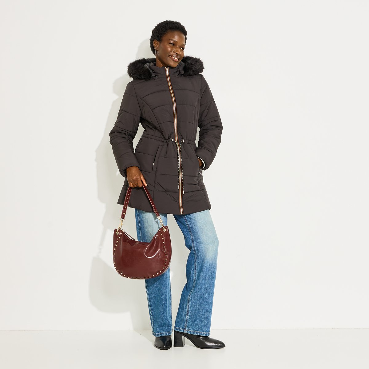 Doudoune mi-longue chaude capuche noir, GRAIN DE MALICE