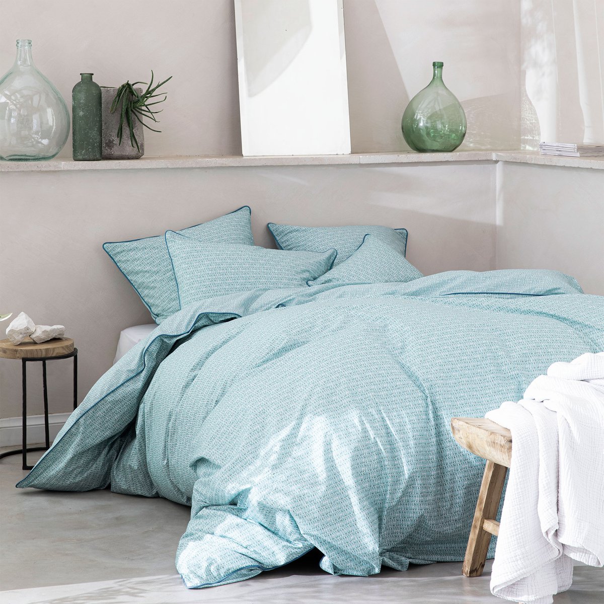 Housse de couette imprimée en percale de coton, TOUCHE VÉGÉTALE céladon, BLANC CERISE