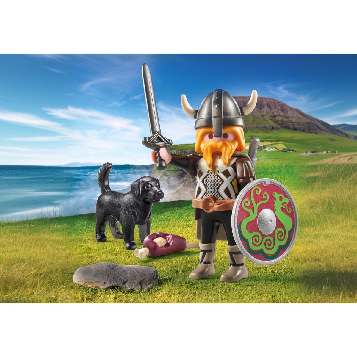 Viking avec son chien, bouclier, casque et armes multicolore, PLAYMOBIL