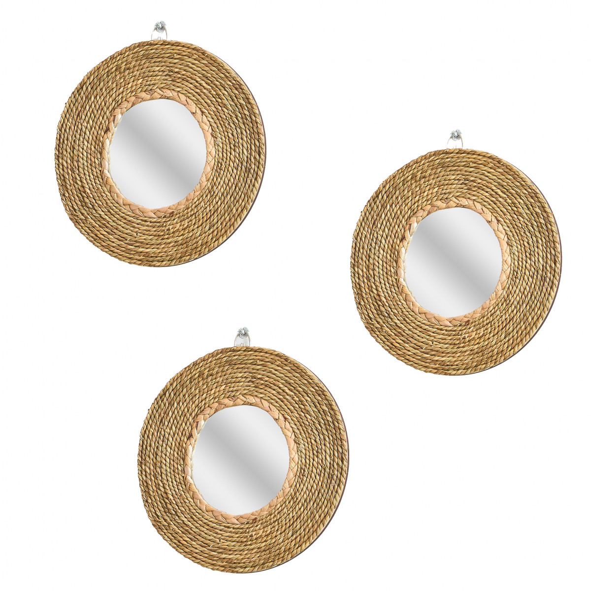 Lot 3 miroirs en jonc de mer 25cm FSC BALI beige, FUTURE HOME