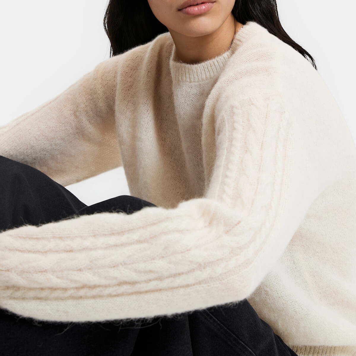 Pull col rond à manches torsadées, en alpaga mélangé beige lin, LA REDOUTE COLLECTIONS