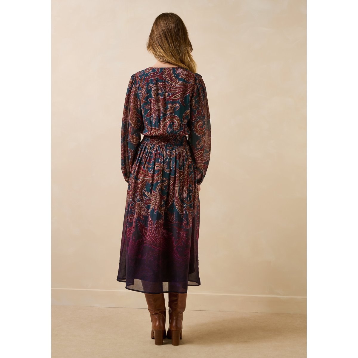 Robe longue à imprimé manches longues petrole, LA FEE MARABOUTEE