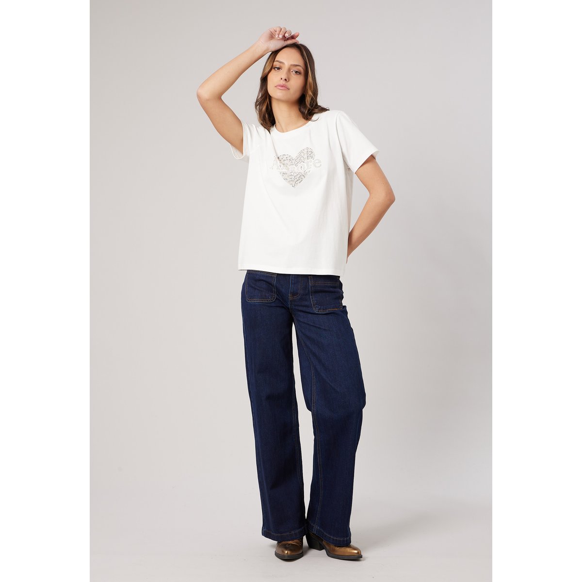 T-shirt regular femme en coton stretch avec cœur en strass SOLINE off white, DEELUXE