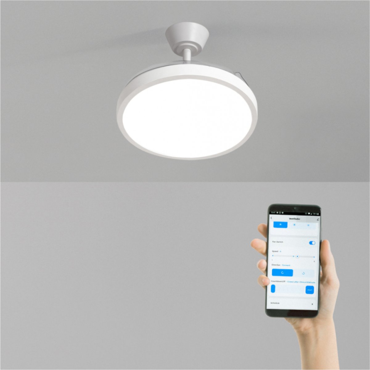 Ventilateur de plafond 40W silencieux avec lumiére et Wi-Fi WIND CLEAR STUDIO blanc/transparent, CREATE