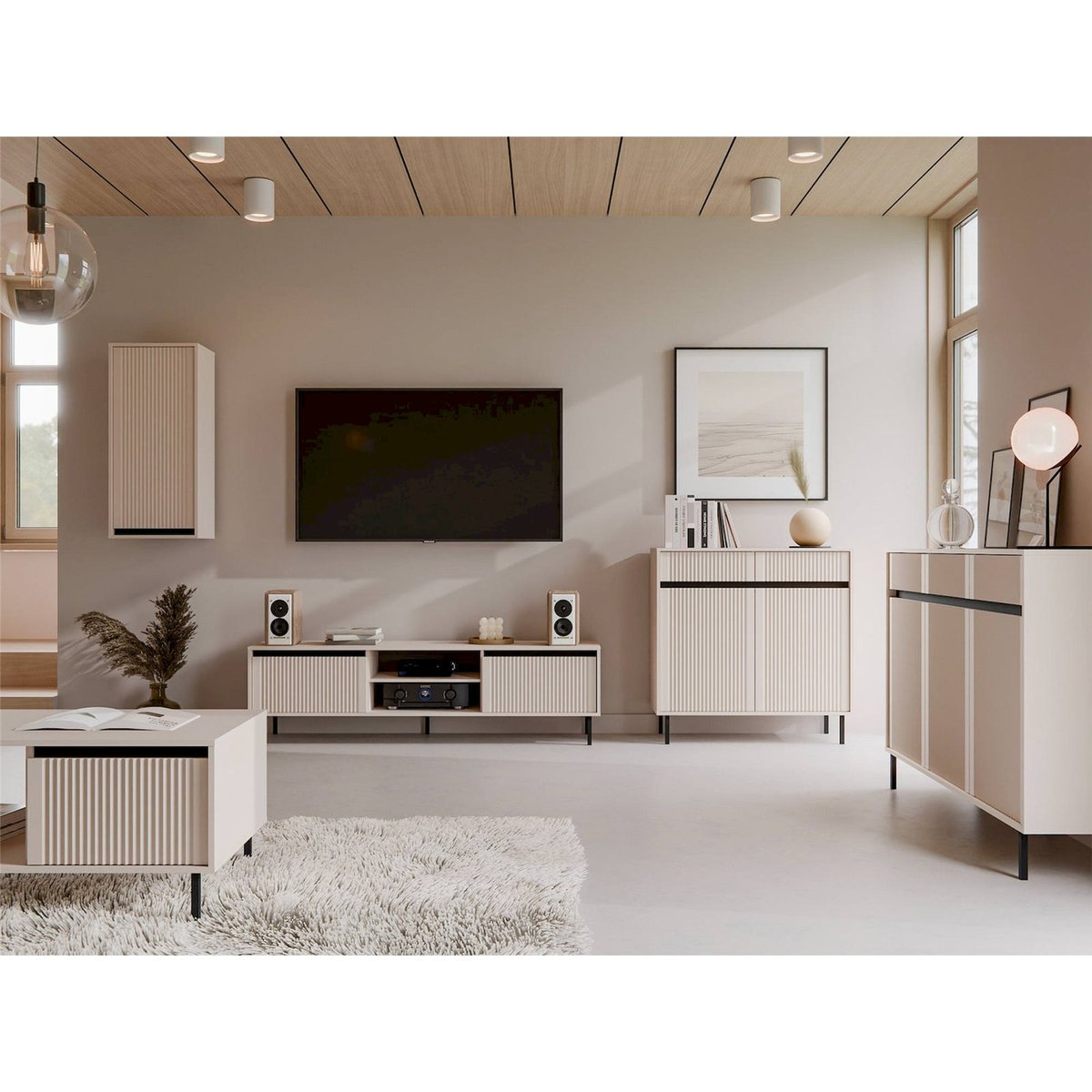 Meuble tv rainuré OSAKA avec tiroirs et niches beige sable et noir, RECOLLECTION
