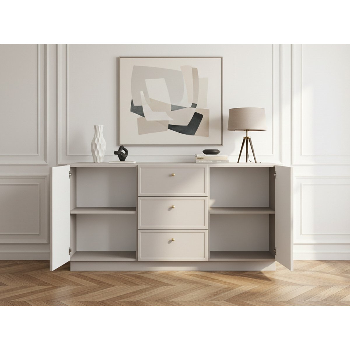 Buffet  en panneaux de particules 2 portes 3 tiroirs 150 cm, LORINA beige, BOBOCHIC