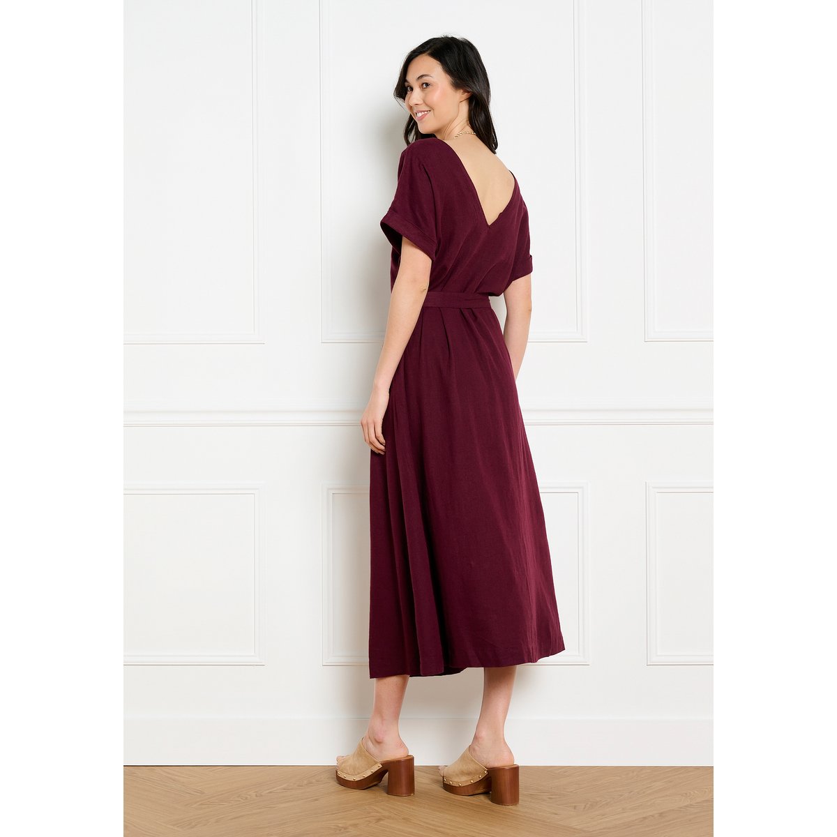 Robe midi ceinturée fluide aubergine, LOLALIZA