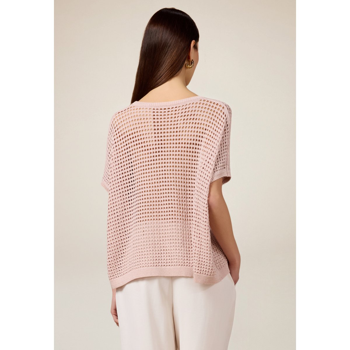 Pull en fil textile ajouré rose, OLTRE