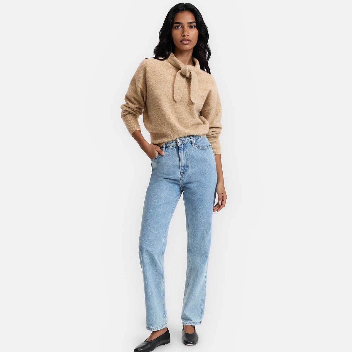 Camisola com cachecol para atar no pescoço bege, LA REDOUTE COLLECTIONS