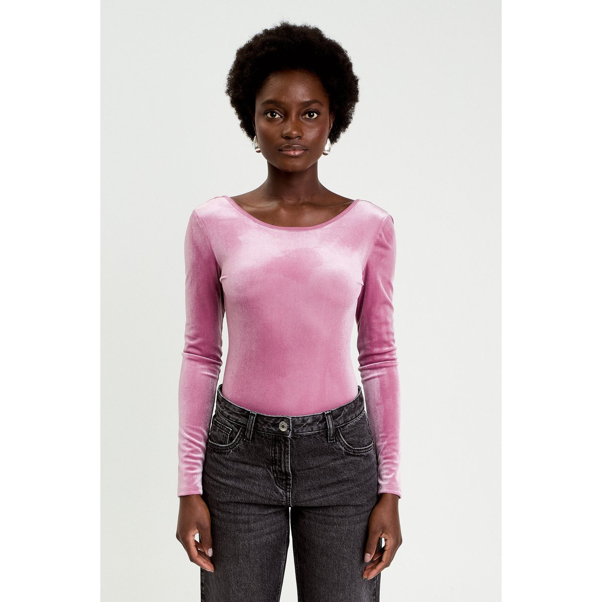 Body en velours décolleté dos rose clair, CACHE CACHE