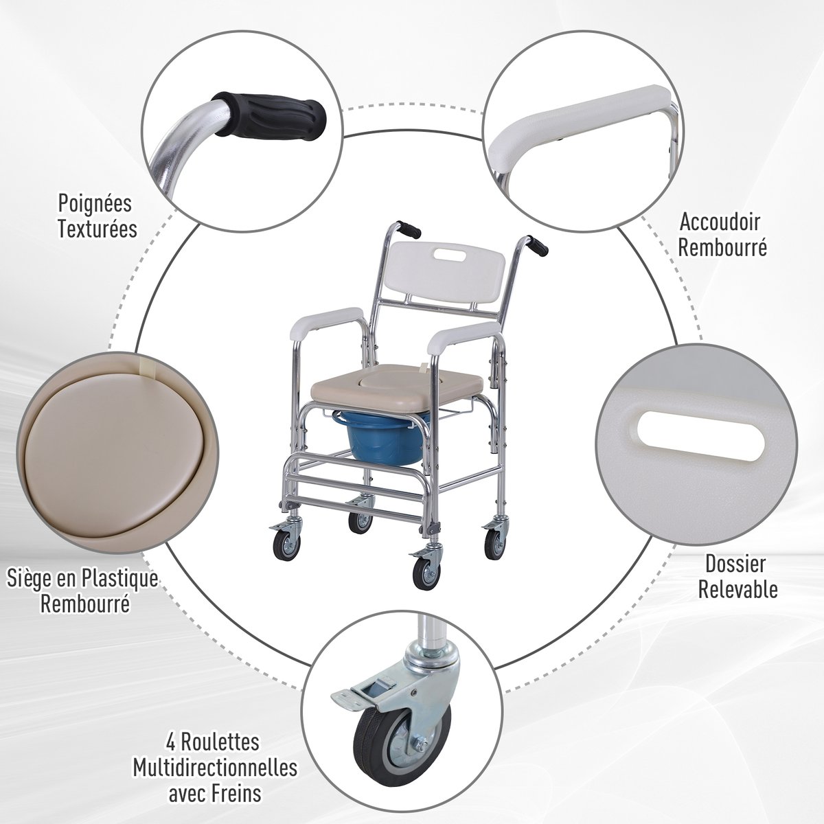 Fauteuil roulant avec cuvette Acier Blanc blanc, bleu, chromé, HOMCOM