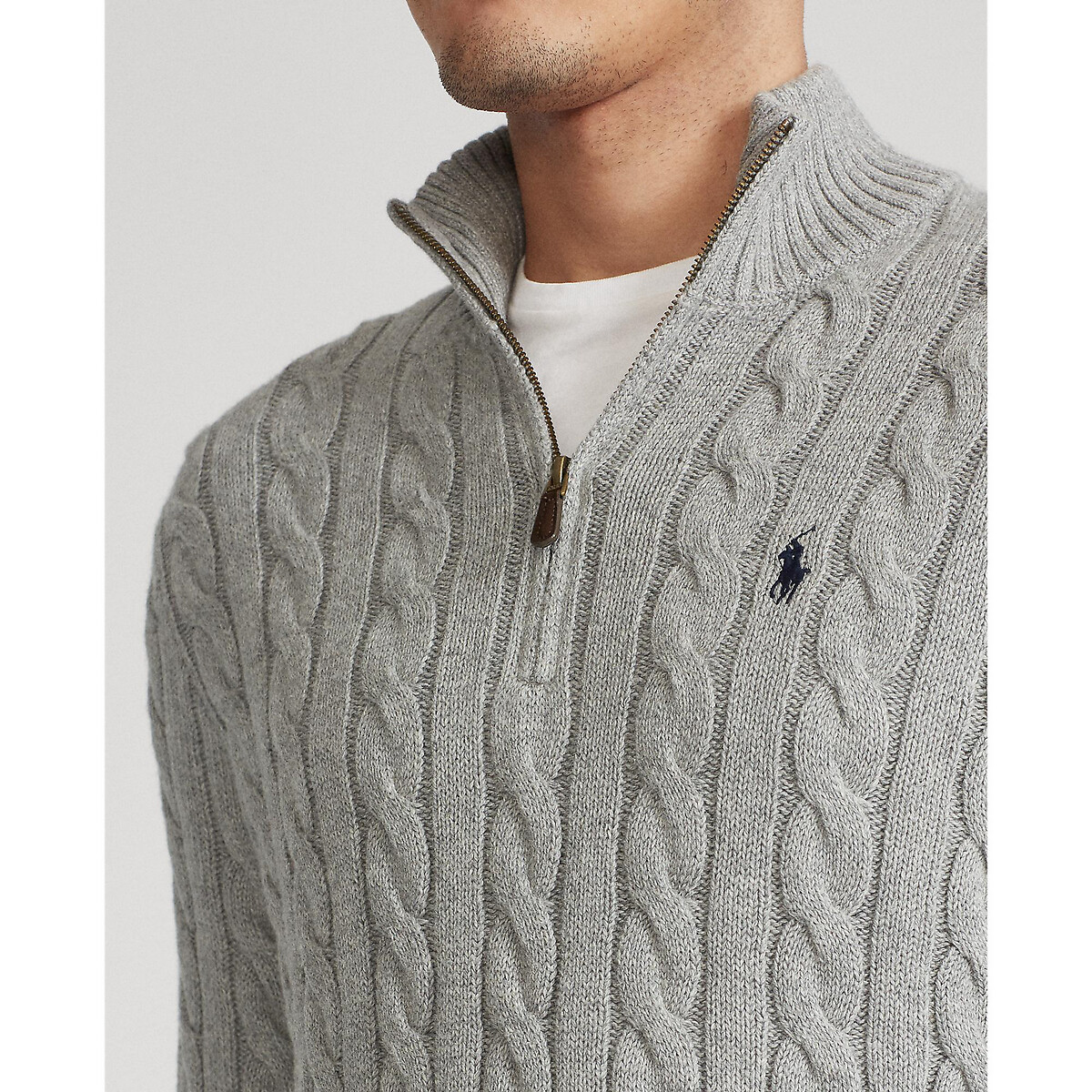 Half Zip-Up Jumper in Cable Knit Cotton grey, POLO RALPH LAUREN