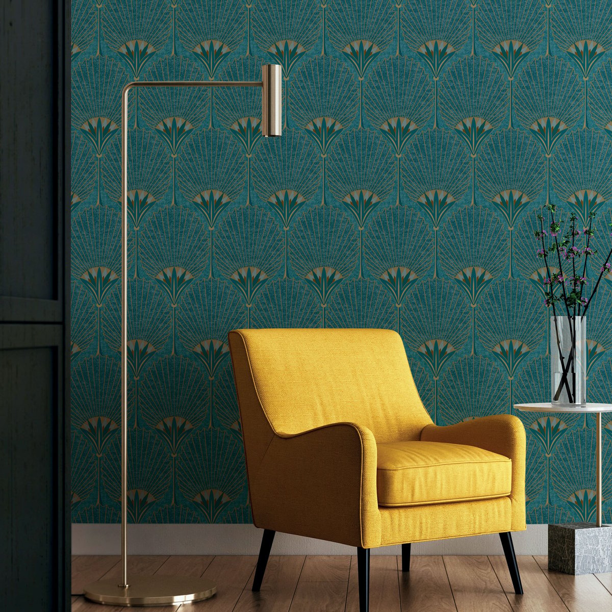 Papier peint art déco bleu paon bleu, HEXOA