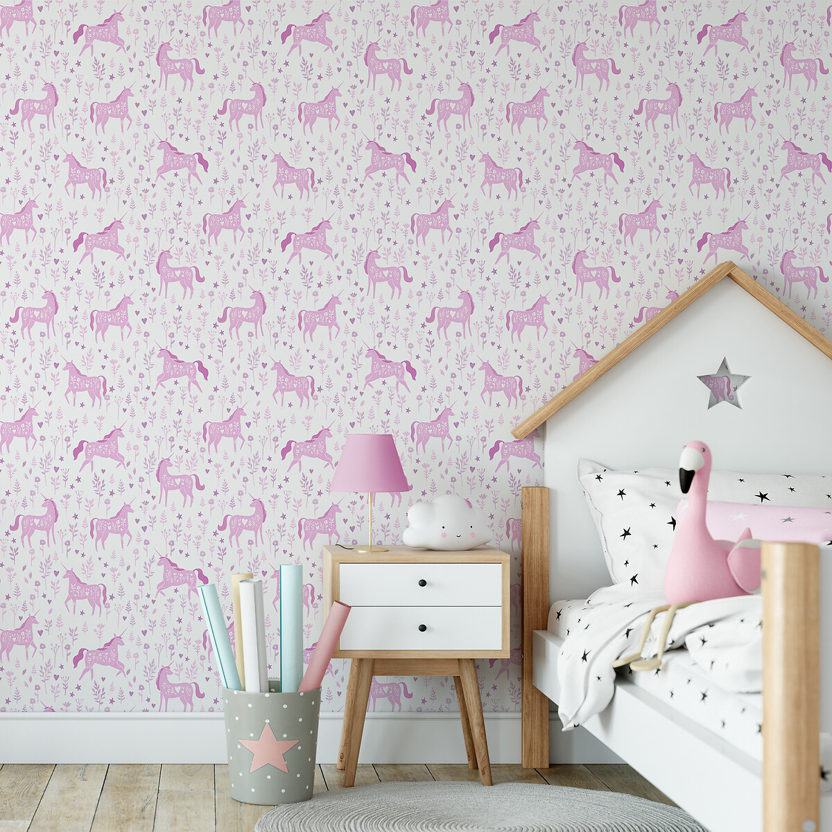 Folk Unicorn Wall Paper pink, CATHERINE LANSFIELD