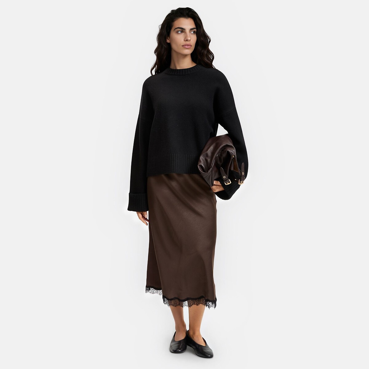 Pull en laine, col rond, grosse maille noir, LA REDOUTE COLLECTIONS