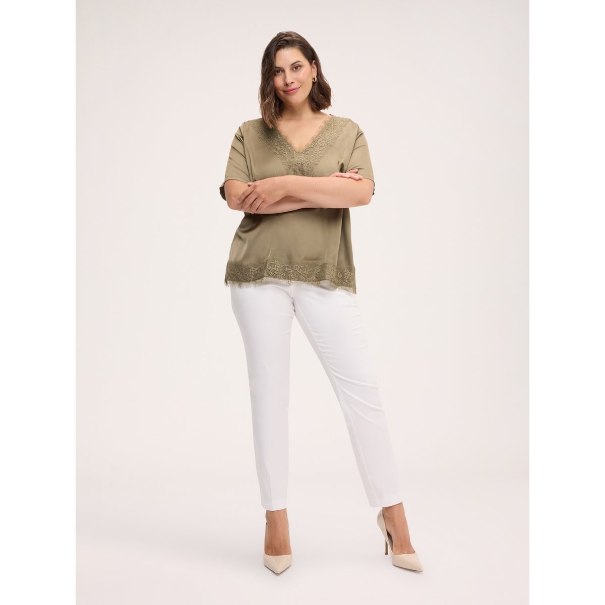 Blouse avec détails en dentelle verde militare, FIORELLA RUBINO