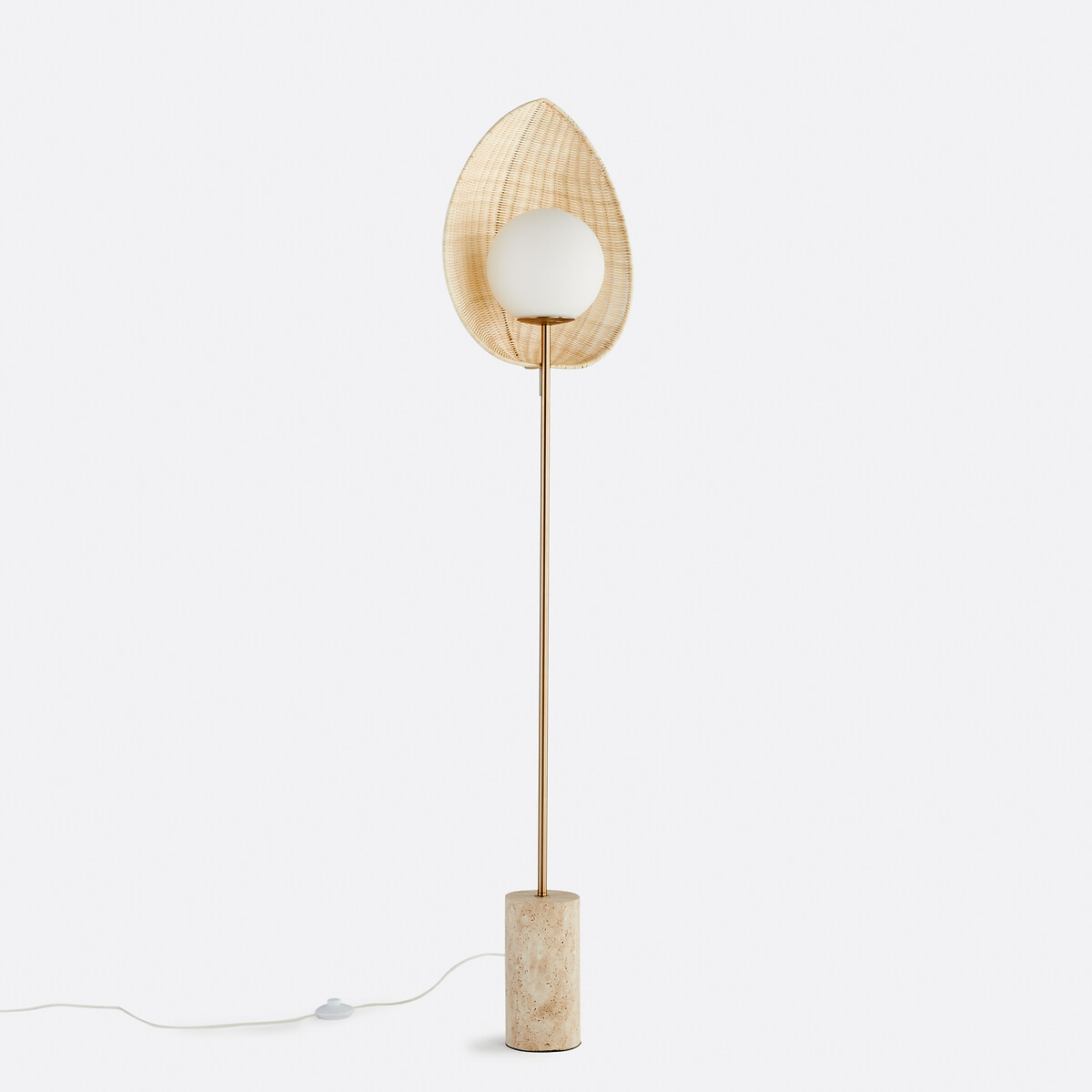 Candeeiro de pé em vidro opalino, rotim e travertino, Javana natural, LA REDOUTE INTERIEURS