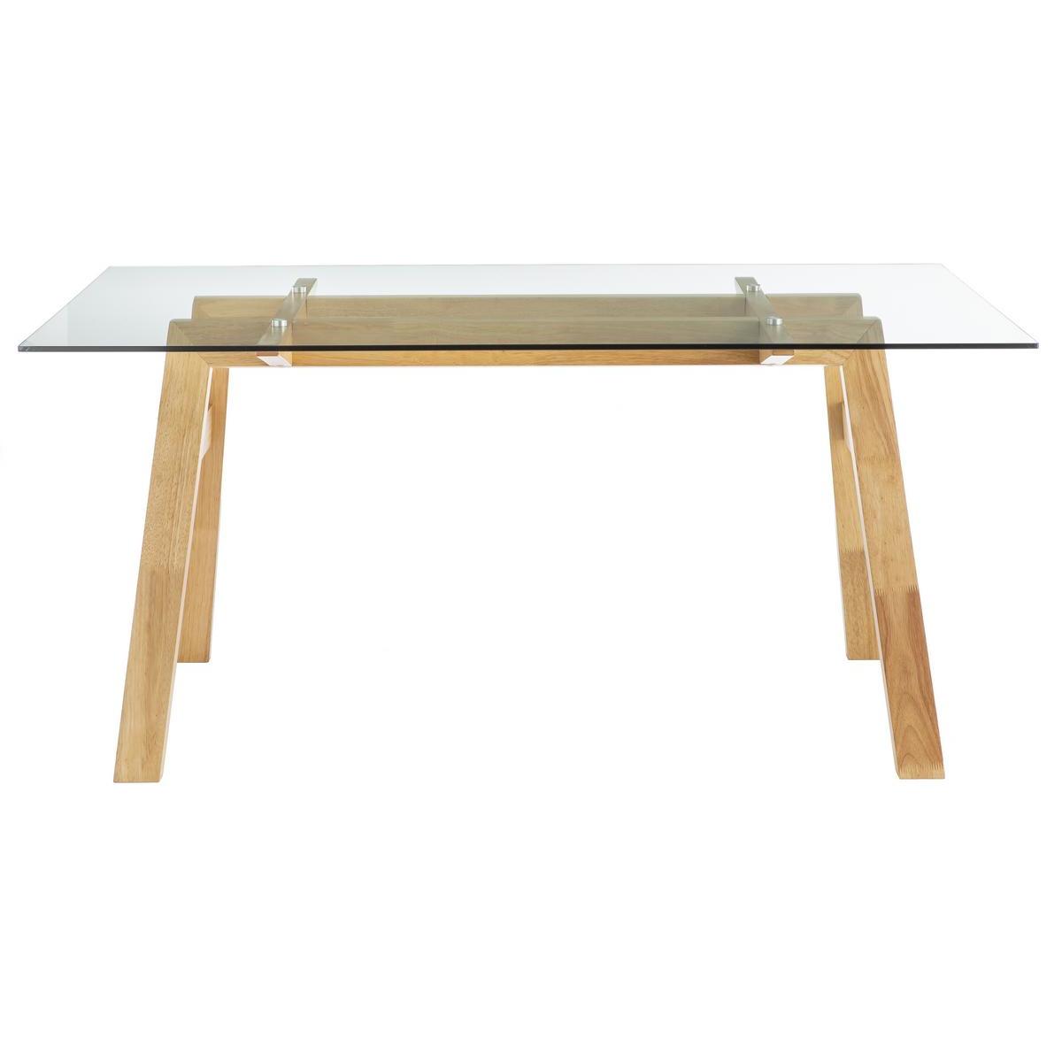 Table à manger design fixe en verre pieds bois L160 cm BACCO transparent, MILIBOO