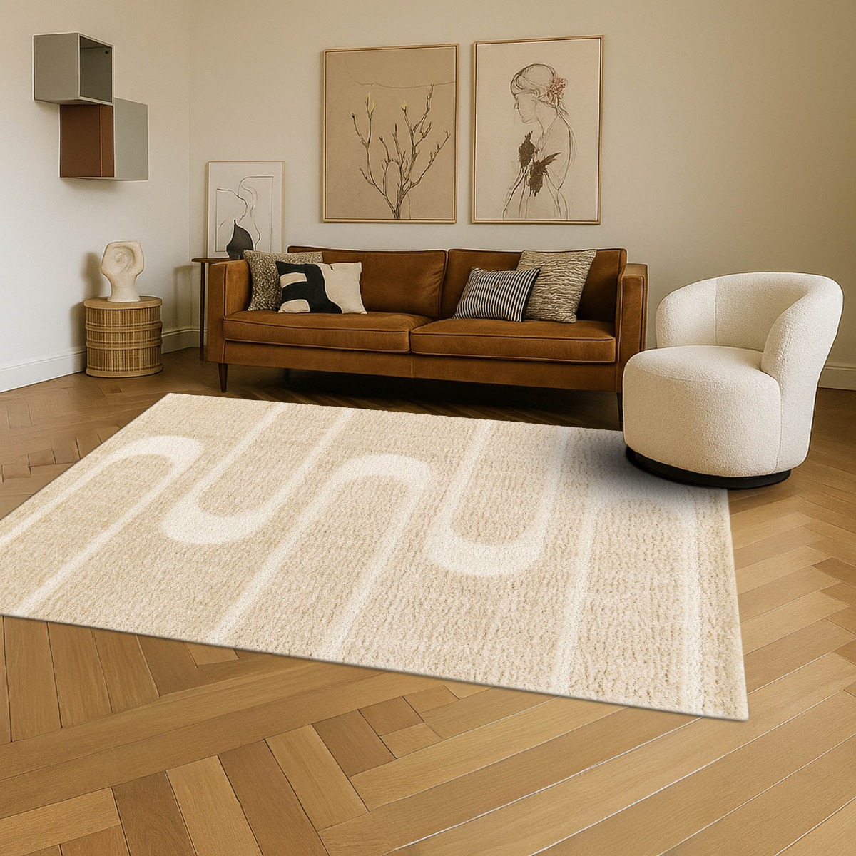 Tapis shaggy doux à relief géométrique  ORGANIC STREET beige, THE DECO FACTORY