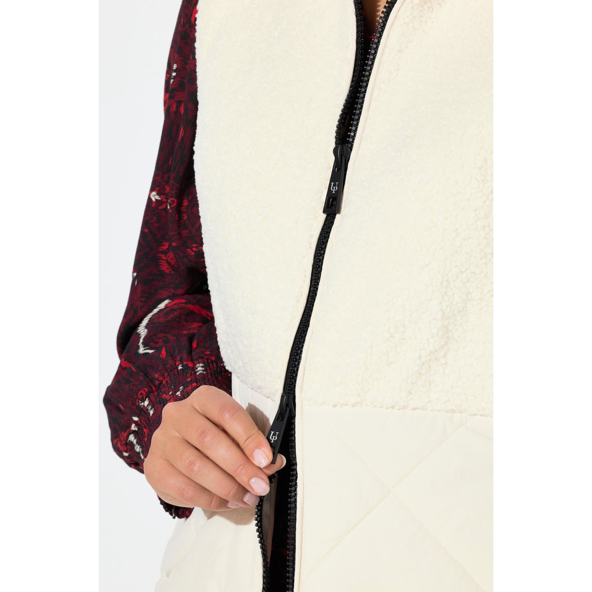 Gilet long, matelassage / polaire bouclette blanc cassé, ULLA POPKEN