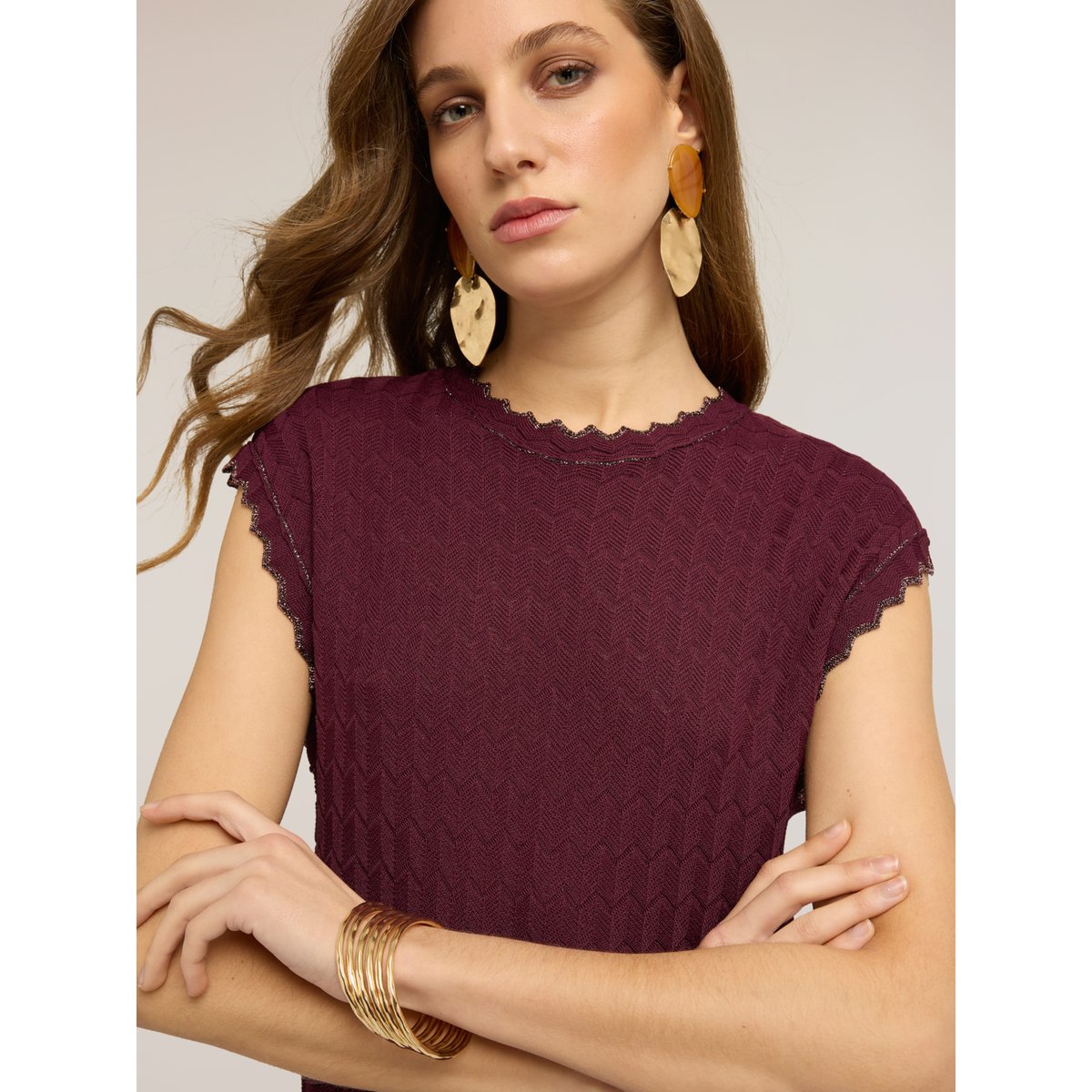 Pull avec travail dentelle burgundy, MOTIVI