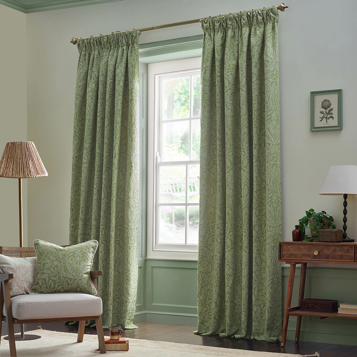 Acorn Tonal Jacquard Pencil Pleat Curtains sage, MORRIS & CO.