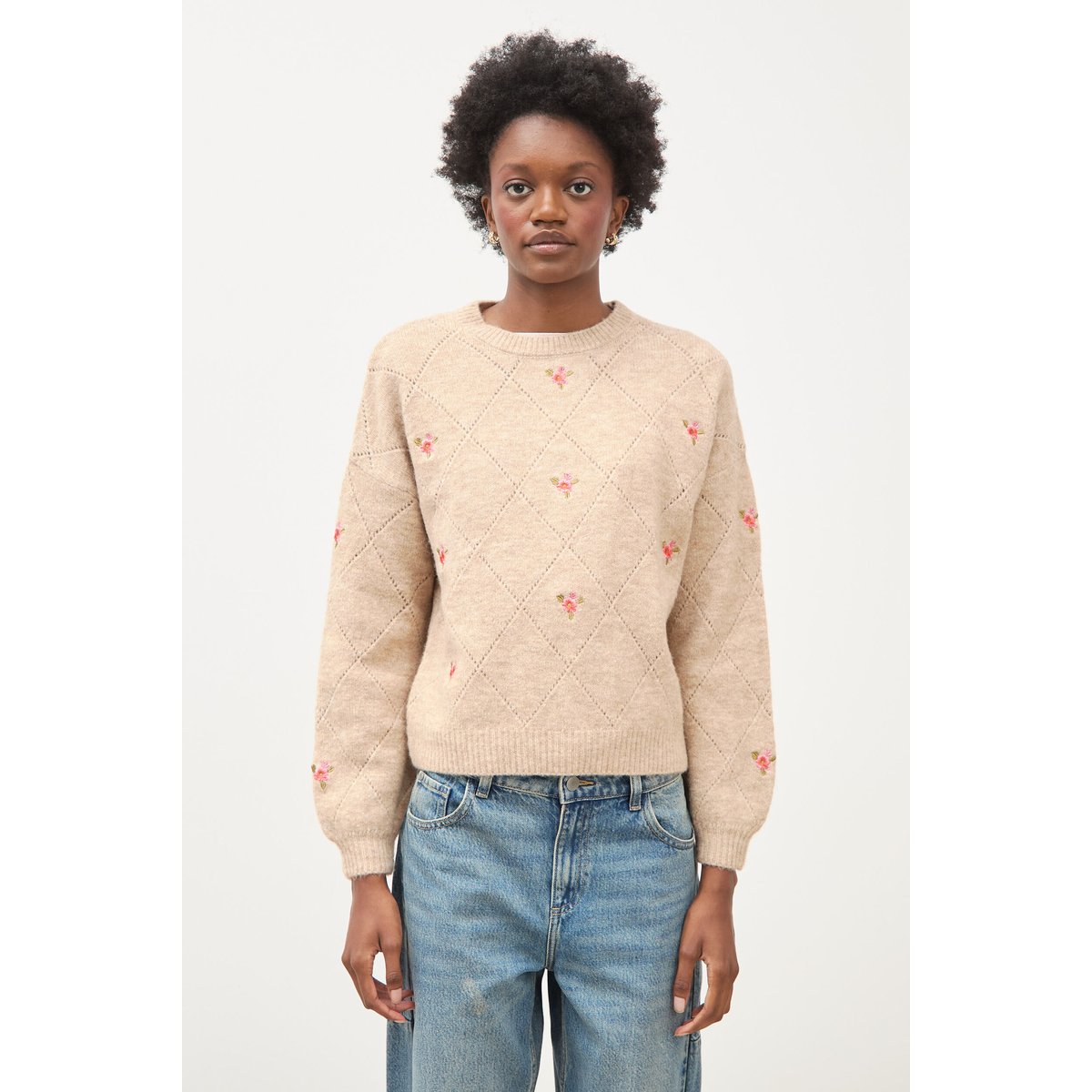 Pull droit col rond manches longues creme, BONOBO