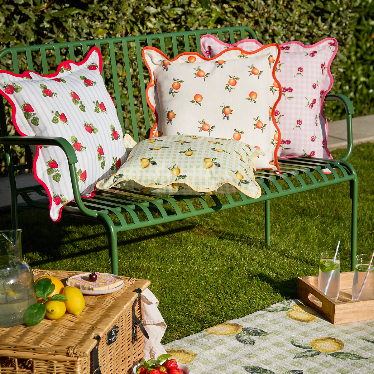 Fruits Strawberries Striped Outdoor Cushion blue, FURN.