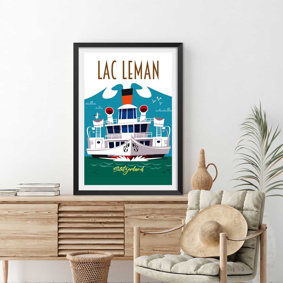 Poster de le lac leman affiche + cadre en bois - noir, HEXOA