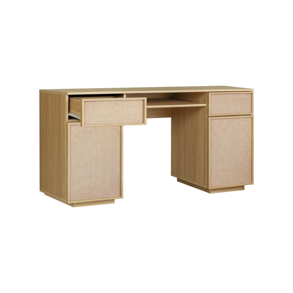 Bureau décor bois et tissu 2 portes 2 tiroirs 1 niche 140cm KUBA noyer, SWEEEK
