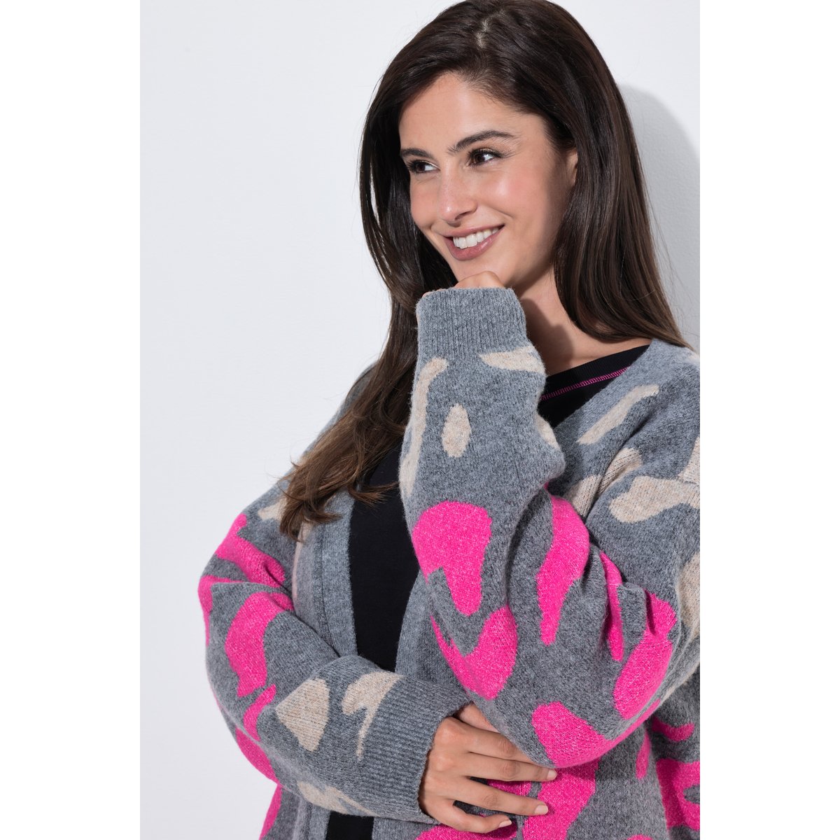 Cardigan long, motif léopard coloré gris chiné, ULLA POPKEN