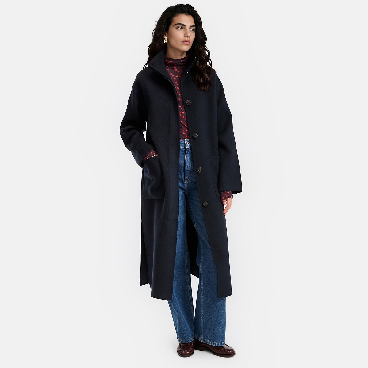 Manteau en laine mélangée, avec écharpe amovible bleu marine, LA REDOUTE COLLECTIONS