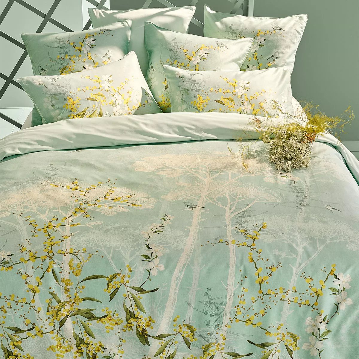 Housse de couette satin de coton Mimosas d'ete turquoise, GARNIER THIEBAUT