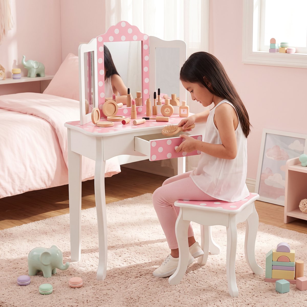Coiffeuse Tabouret Enfant Bois avec miroir, tiroir et tabouret, FASHION PRINTS multicolore, TEAMSON KIDS
