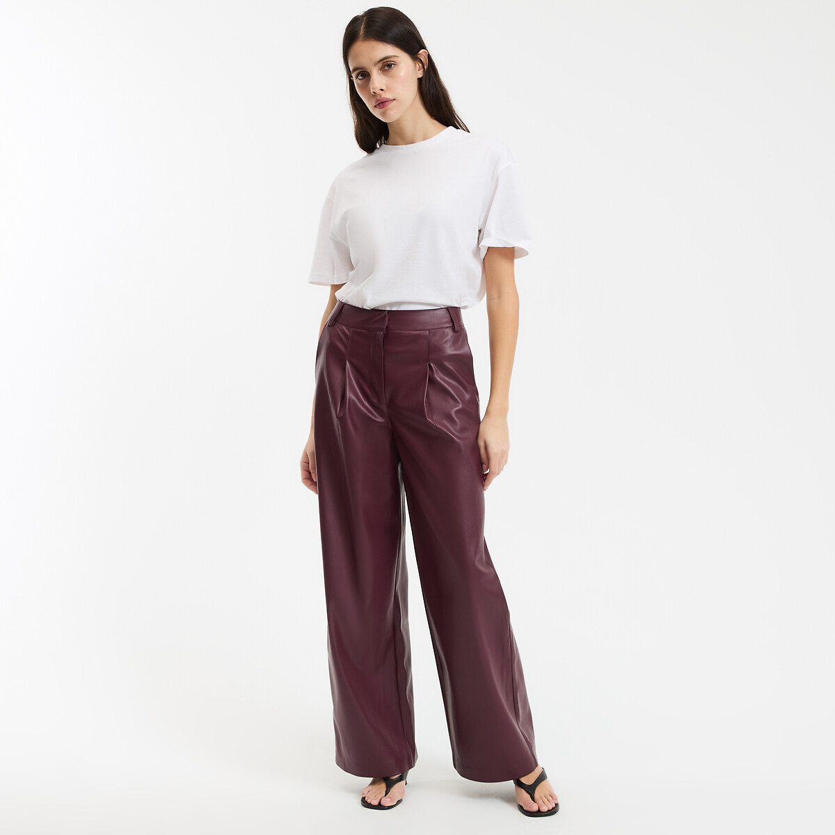 Pantalon large à pinces en simili polyester rouge bordeaux, LA REDOUTE COLLECTIONS