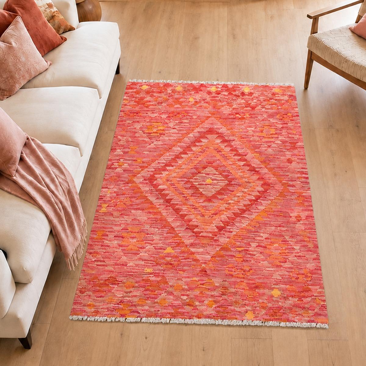 Tapis kilim géométrique, tissé plat en laine, KILIM 39 rouge, orange, rose, UN AMOUR DE TAPIS
