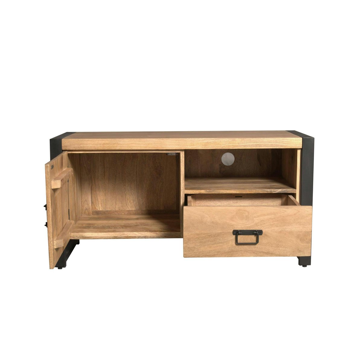 Petit meuble TV bois métal 1 porte 1 tiroir MILORA bois naturel, PIER IMPORT