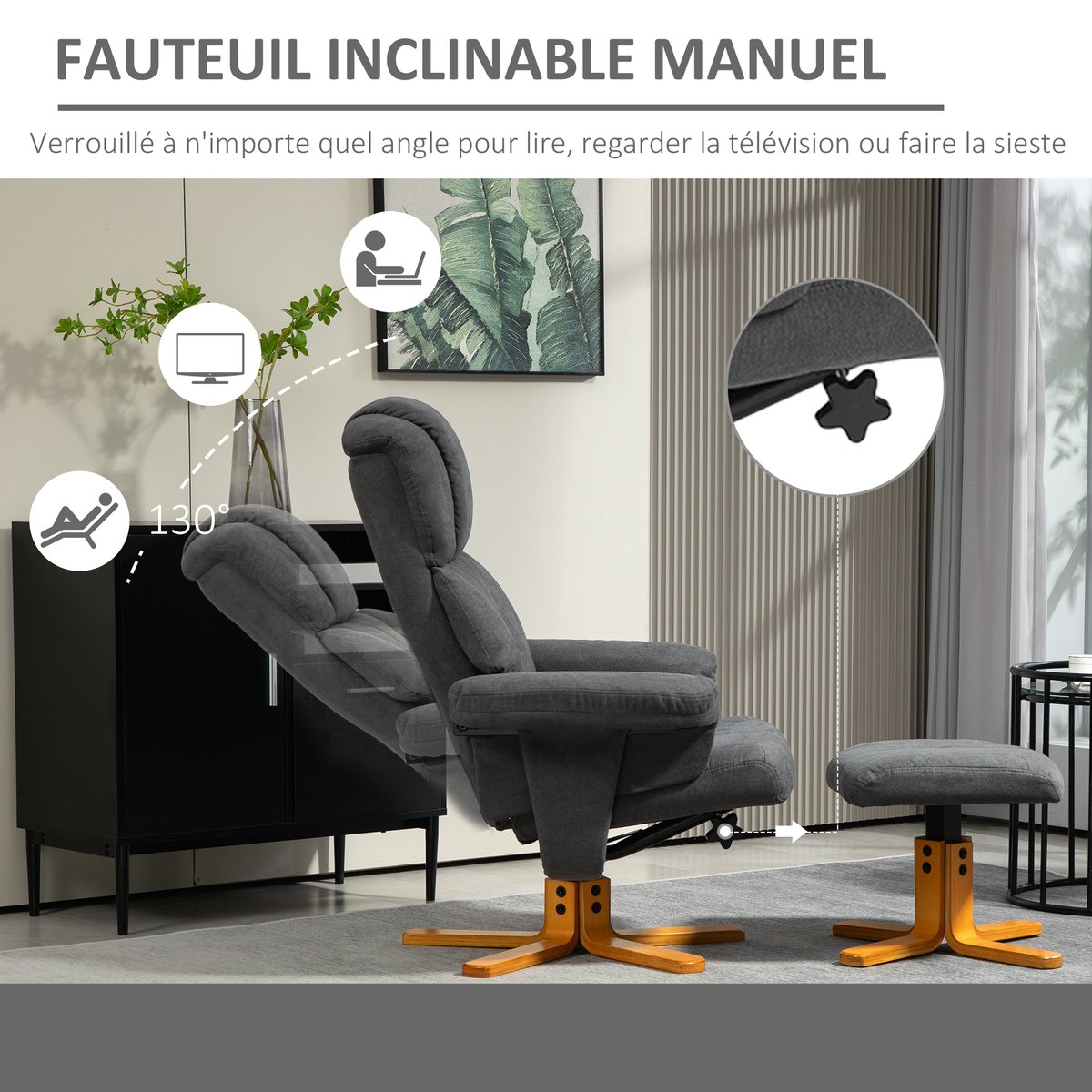 Fauteuil inclinable avec repose-pieds Velours gris foncé, HOMCOM