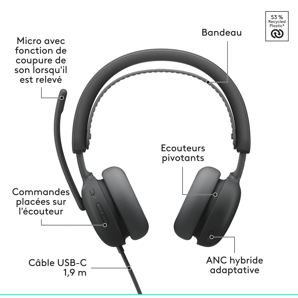 Micro-casque Zone Wired 2 GRAPHITE couleur unique, LOGITECH