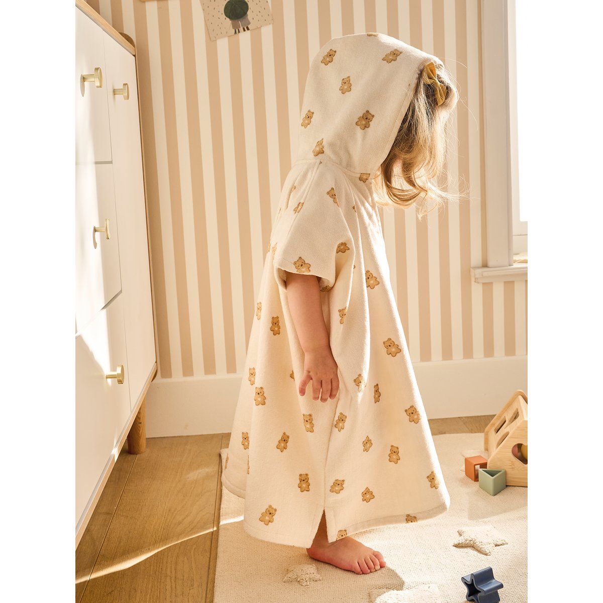 Poncho de bain PETIT OURS, avec coton recyclé blanc imprimé, VERTBAUDET