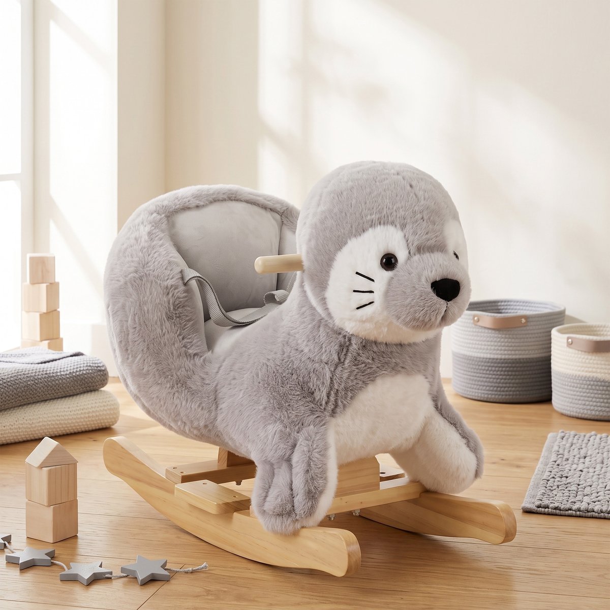 Cheval à bascule pour enfants Peluche gris et blanc, AIYAPLAY
