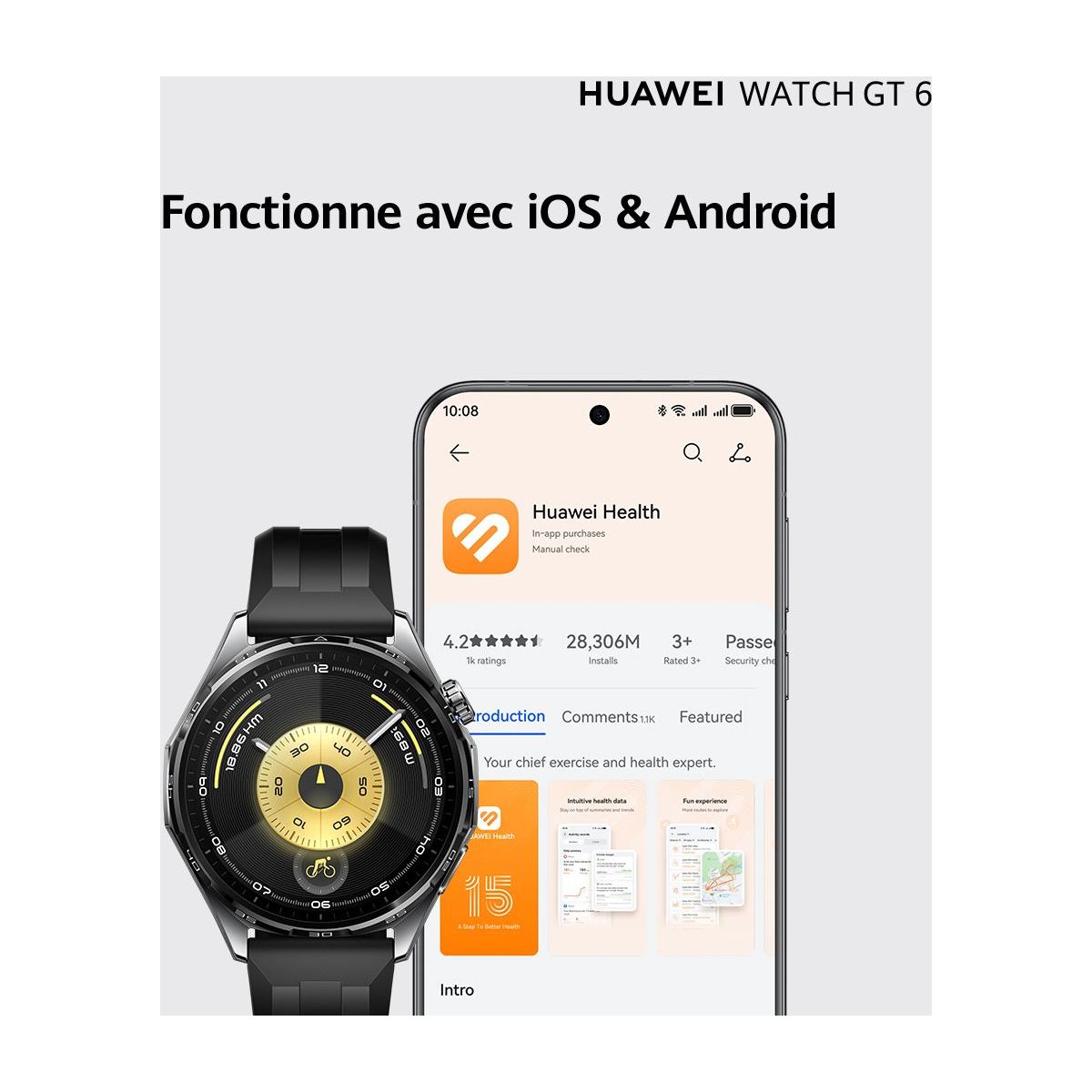 Montre connectée Watch GT6 46mm Noir noir, HUAWEI