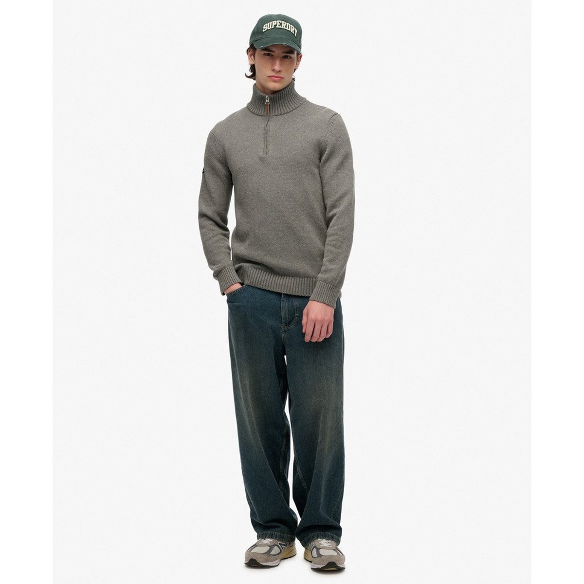 Pull à col zippé en maille de coton Classics gris chiné, SUPERDRY
