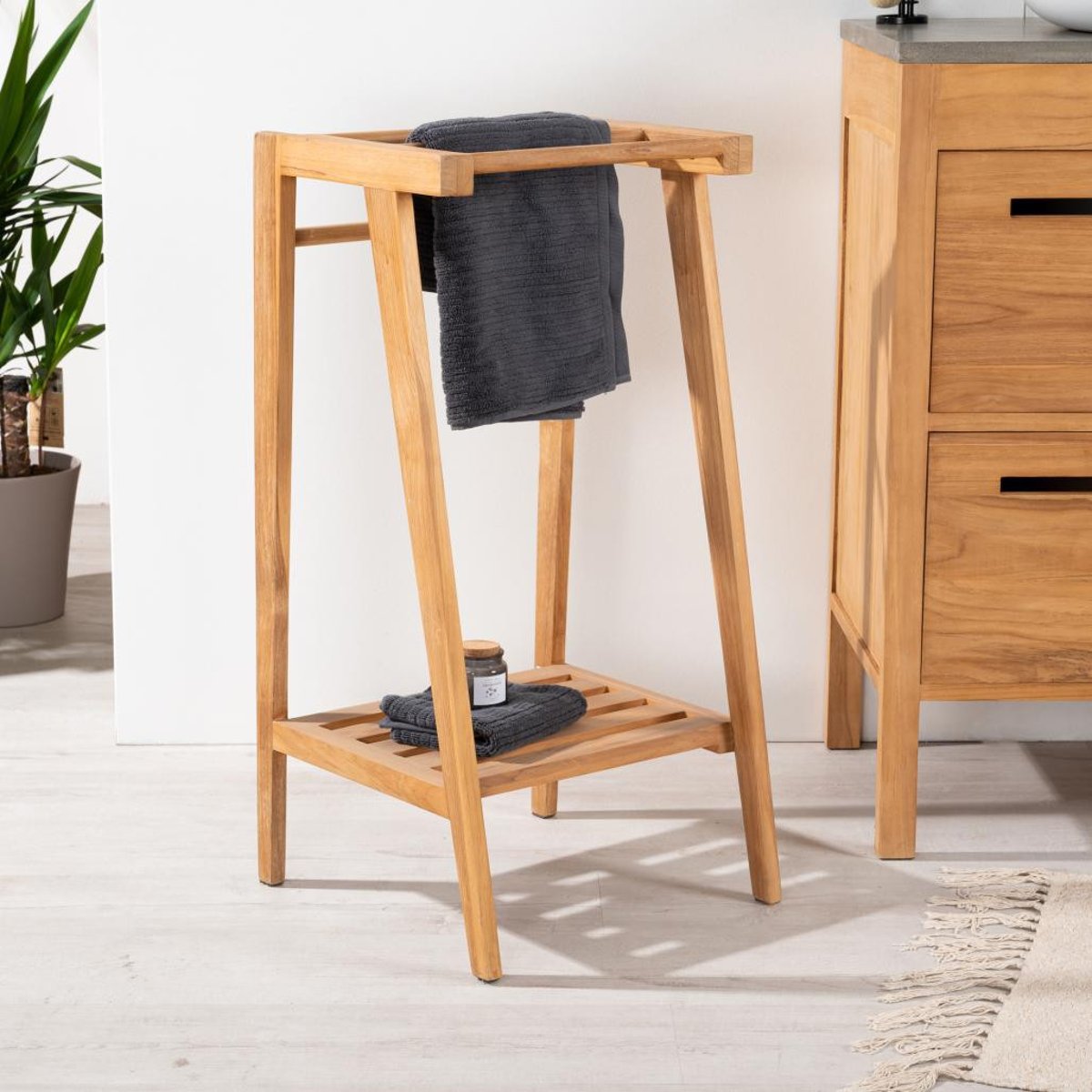 Porte serviette en teck rectangle à poser naturel, WANDA COLLECTION